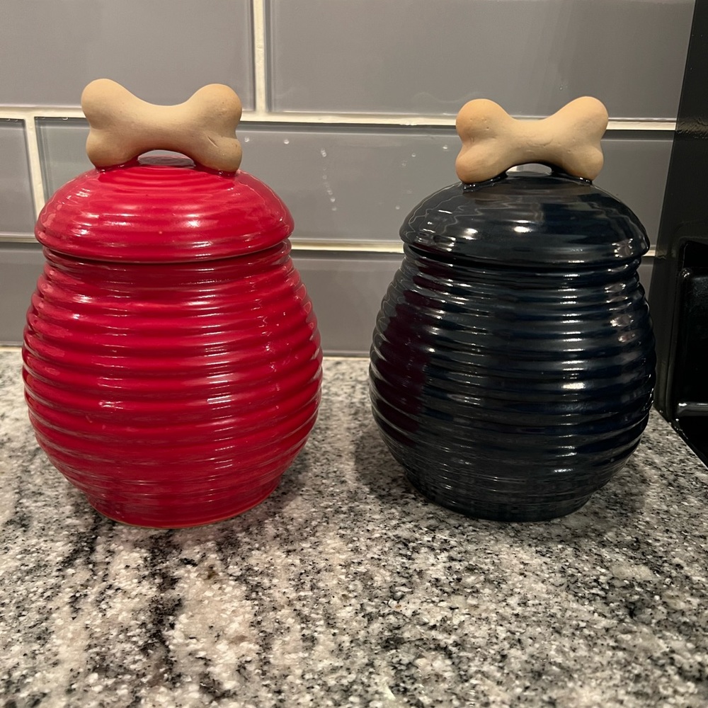 Adorable red and navy blue canisters with dog bones